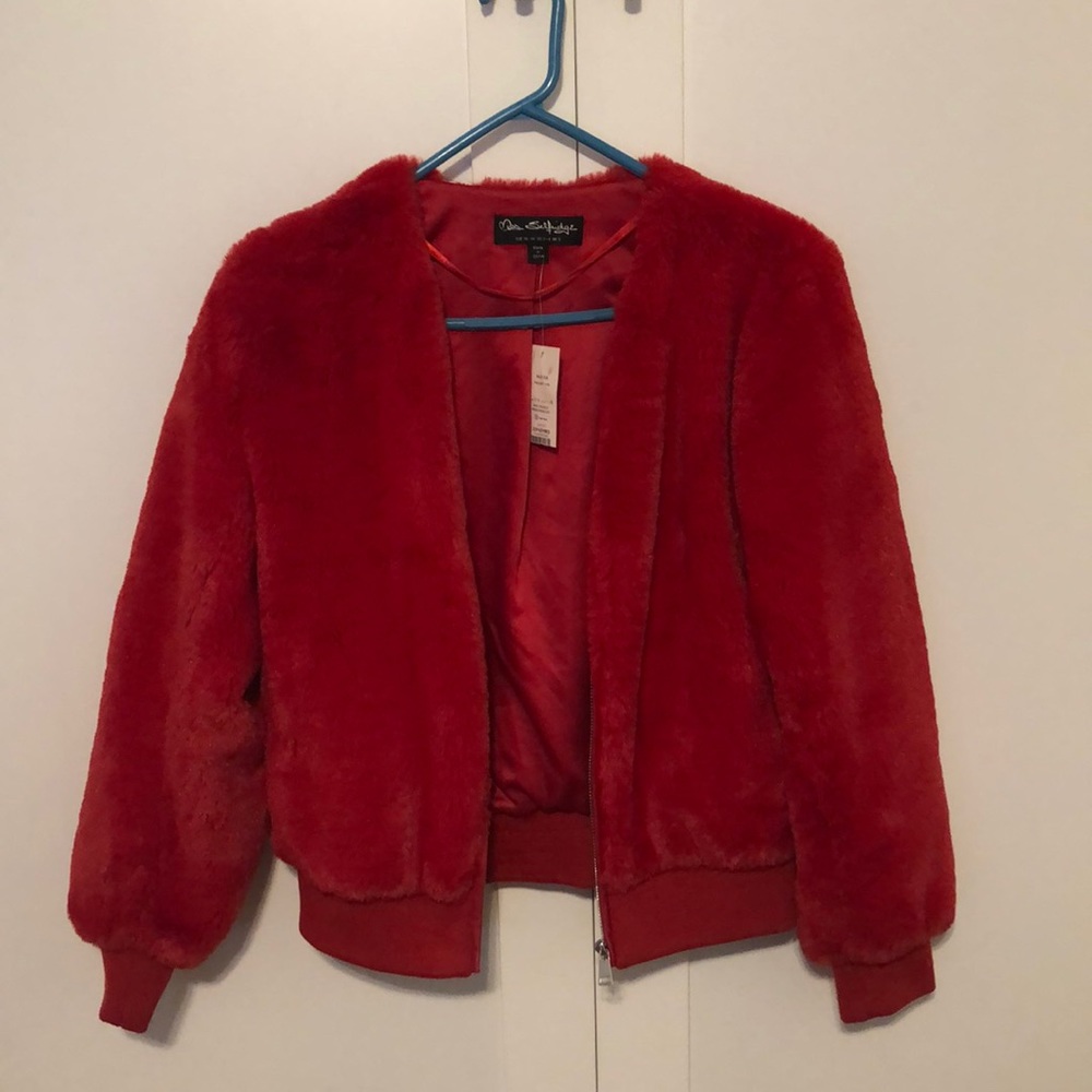Miss Selfridge faux fur jacket in red NWT size 2-4